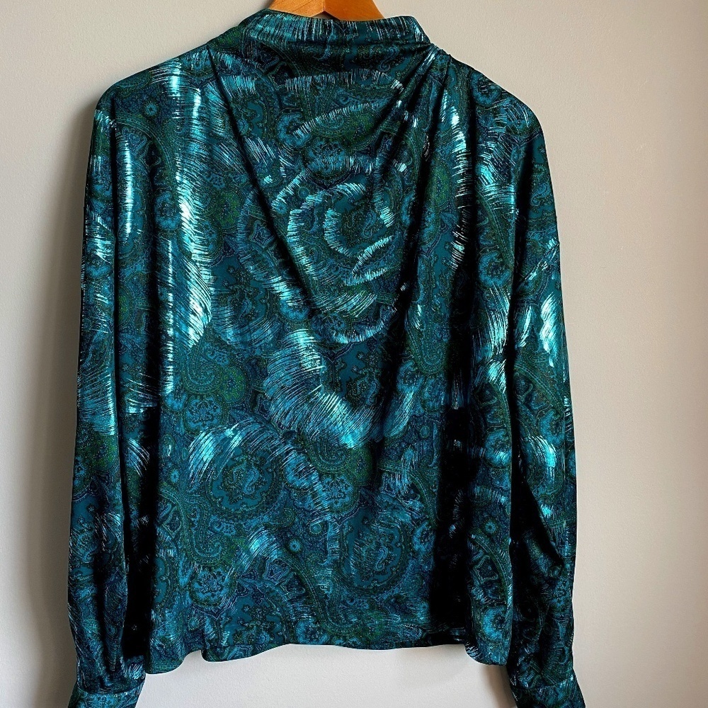 Bernard Cowan Vintage Satin Blouse Green‎ Metallic Mock Neck Size 11/12